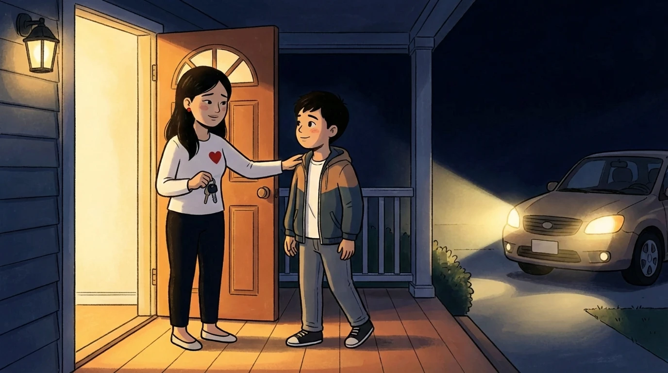 Parent placing a hand on a teen's shoulder at the front door at night while holding car keys