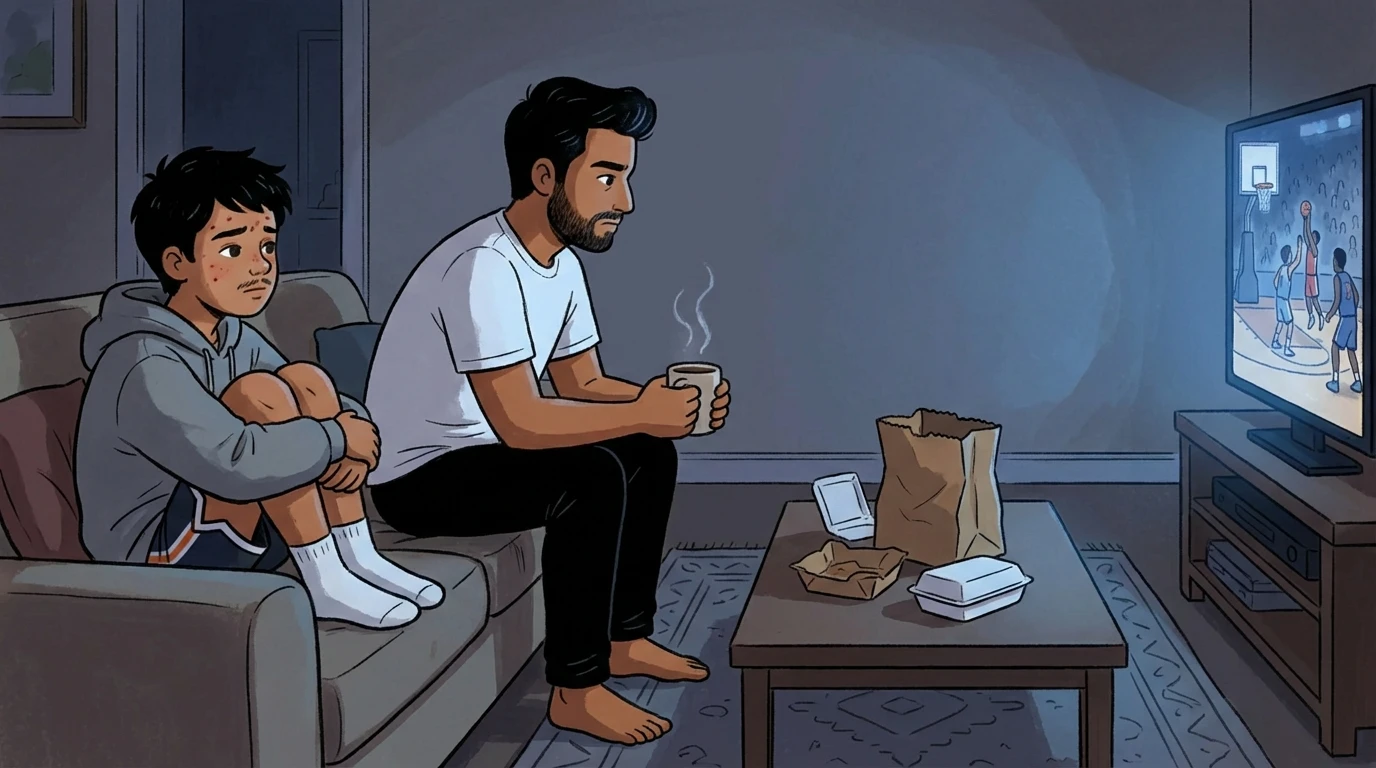 Teen and parent sitting side by side on a couch at night watching TV with a warm drink and takeout bag