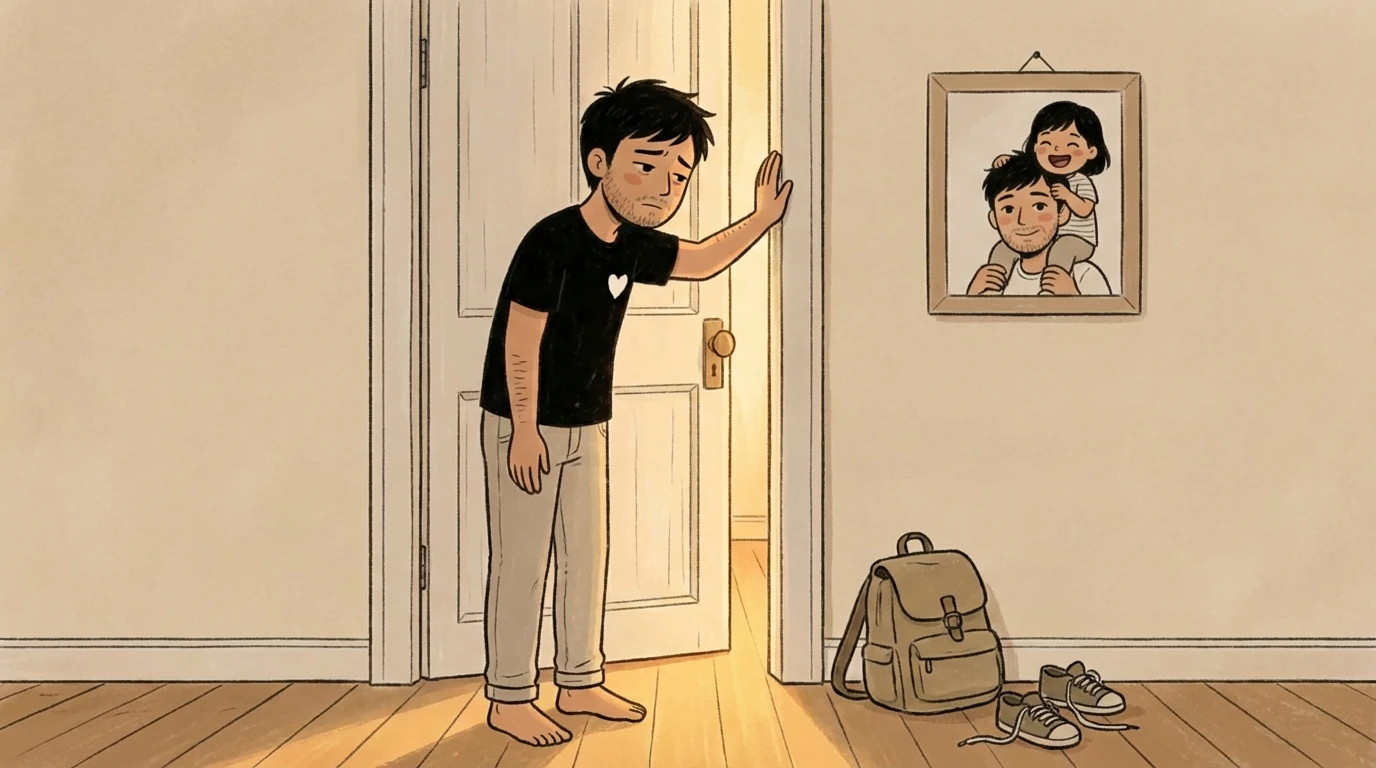 A parent leans against a closed door; a backpack and sneakers outside signal a teen pulling away.