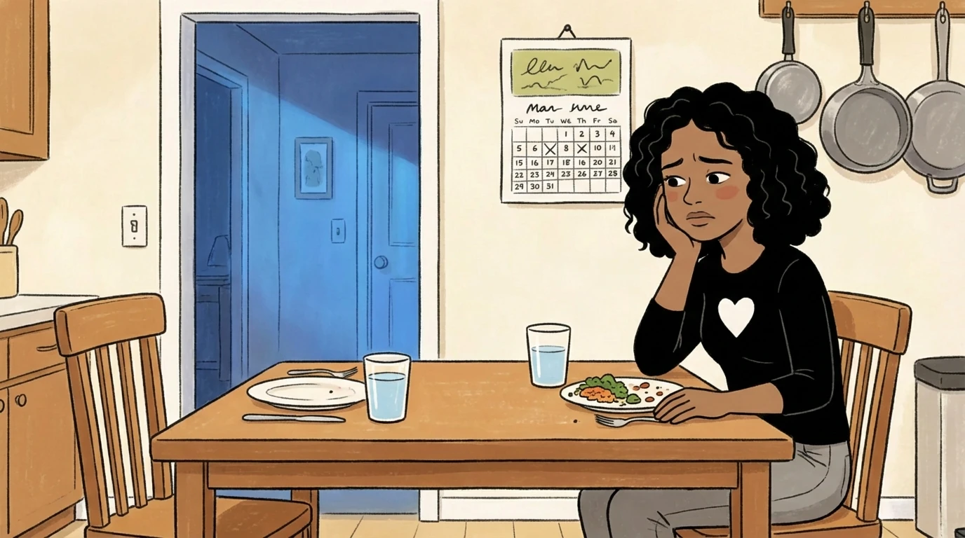 Mother sits alone at a dining table with an empty chair as teens pull away from family meals.