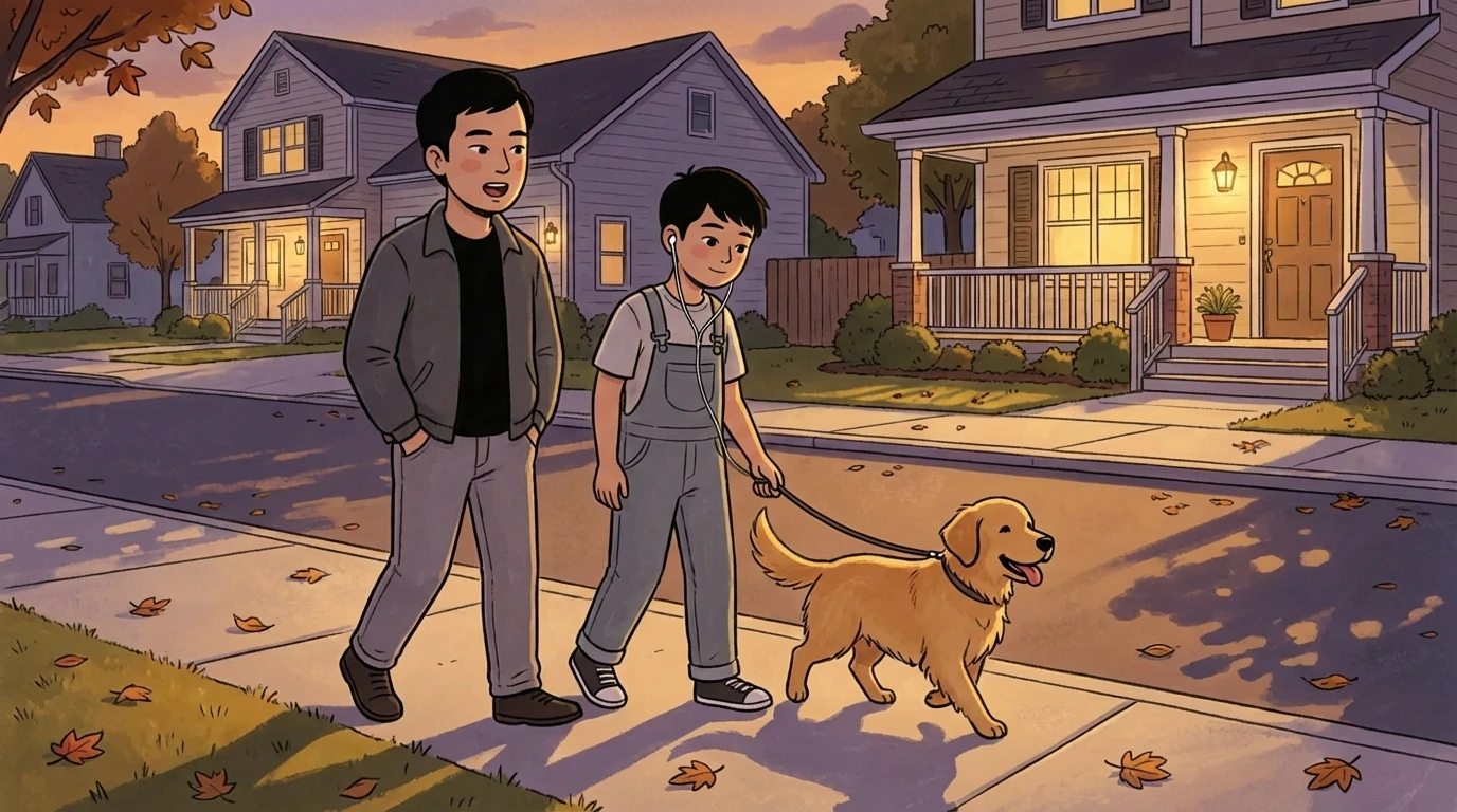 A parent and teen walk a dog along a neighborhood street at dusk, a developmentally normal bond.