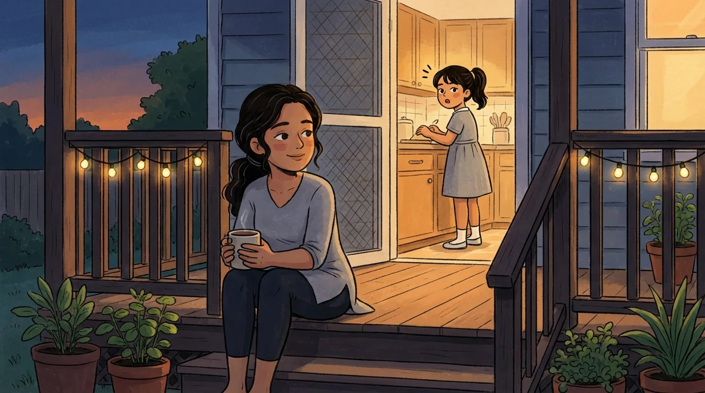 A parent sits on porch steps at dusk with a mug; giving space is necessary as children grow.
