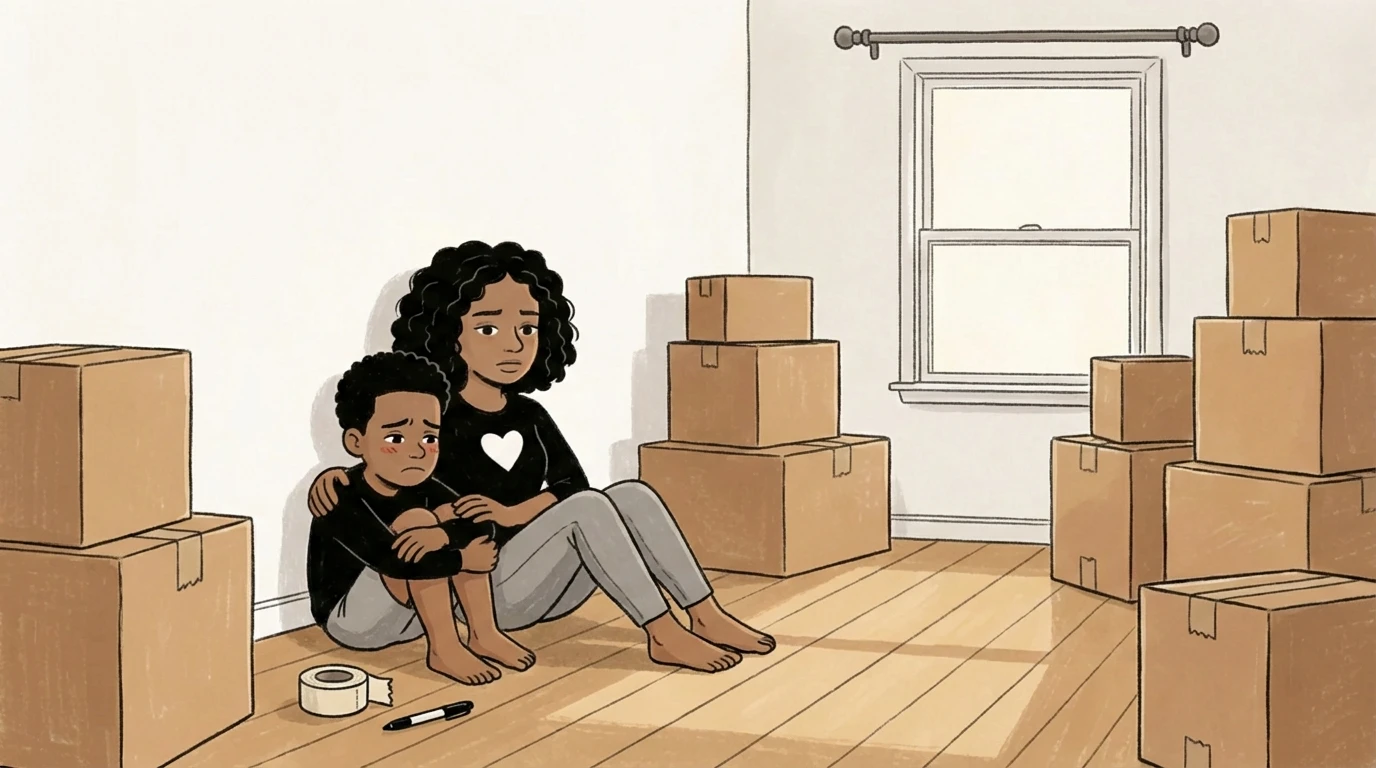 Mother holding young child on empty wood floor surrounded by cardboard moving boxes after a family move