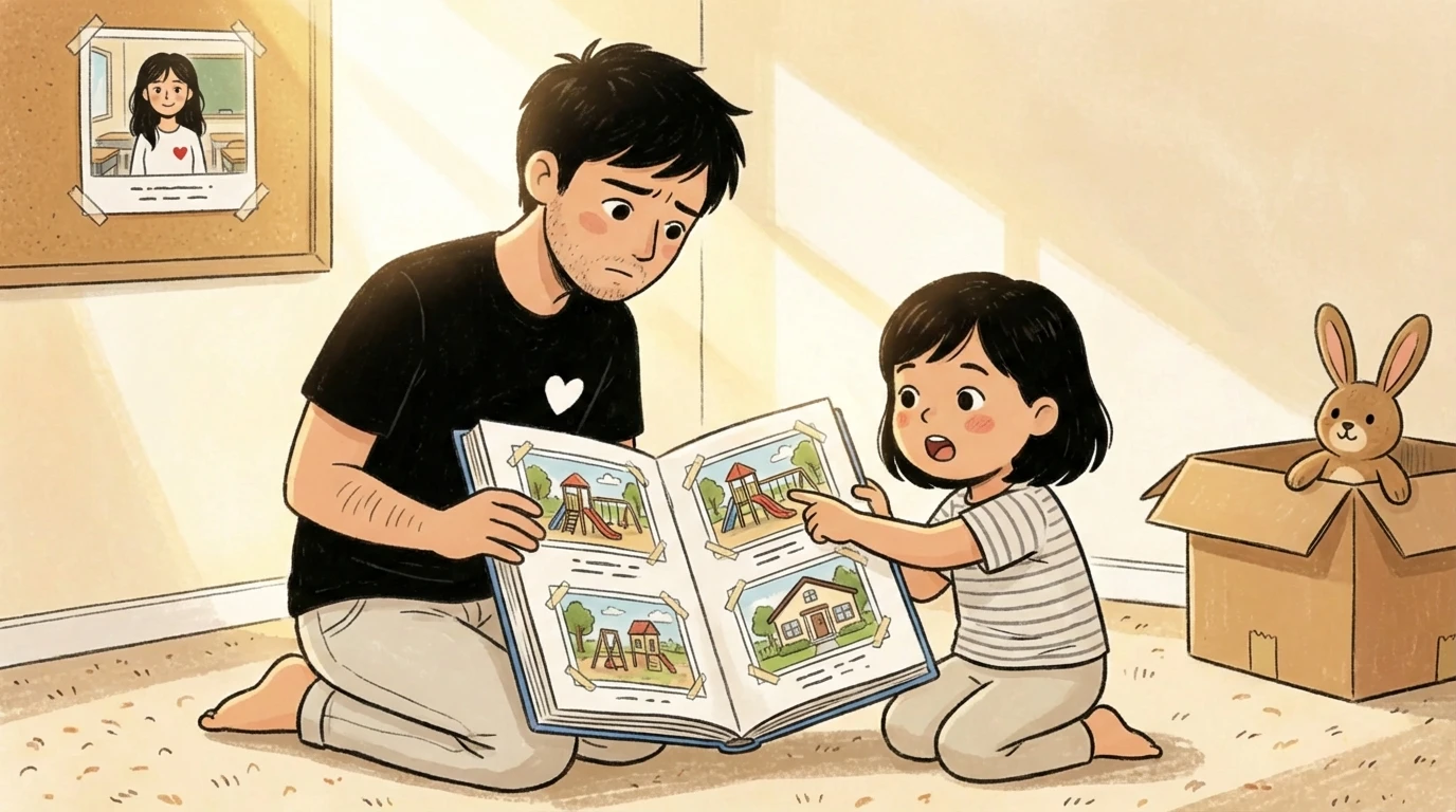 Father and daughter looking through a photo album to help her adjust after a move, a box nearby