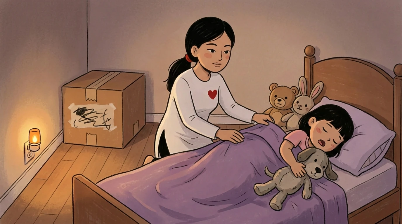 Mother tucking child into bed in a new room with stuffed animals, a moving box and night light nearby