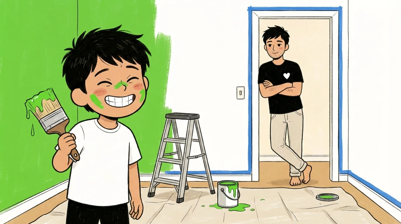 Child with green paint on face helping paint a room in the new home, a parent watching from the doorway