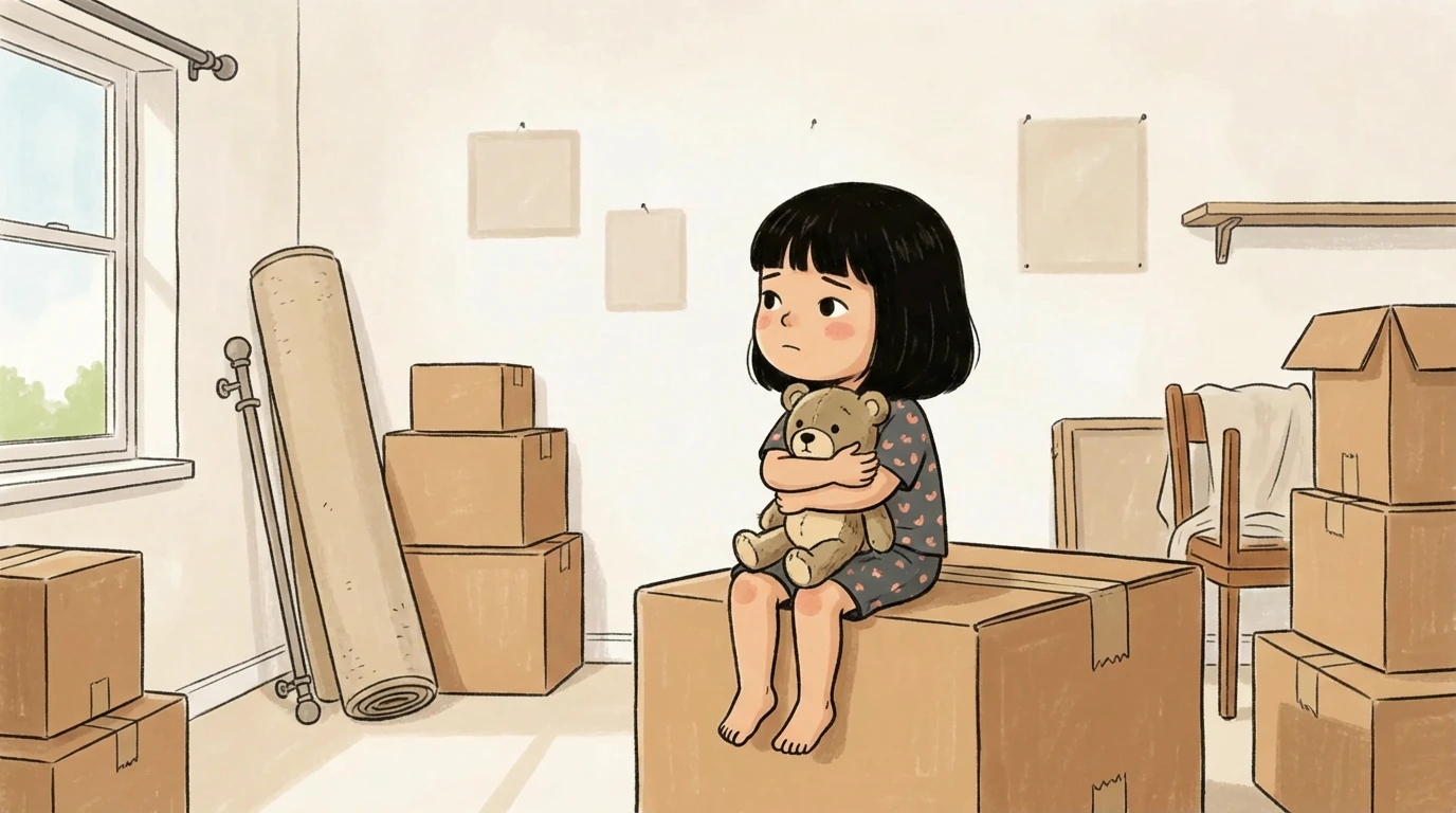 Child sitting on a moving box holding a teddy bear in a room with packed boxes during a family move.