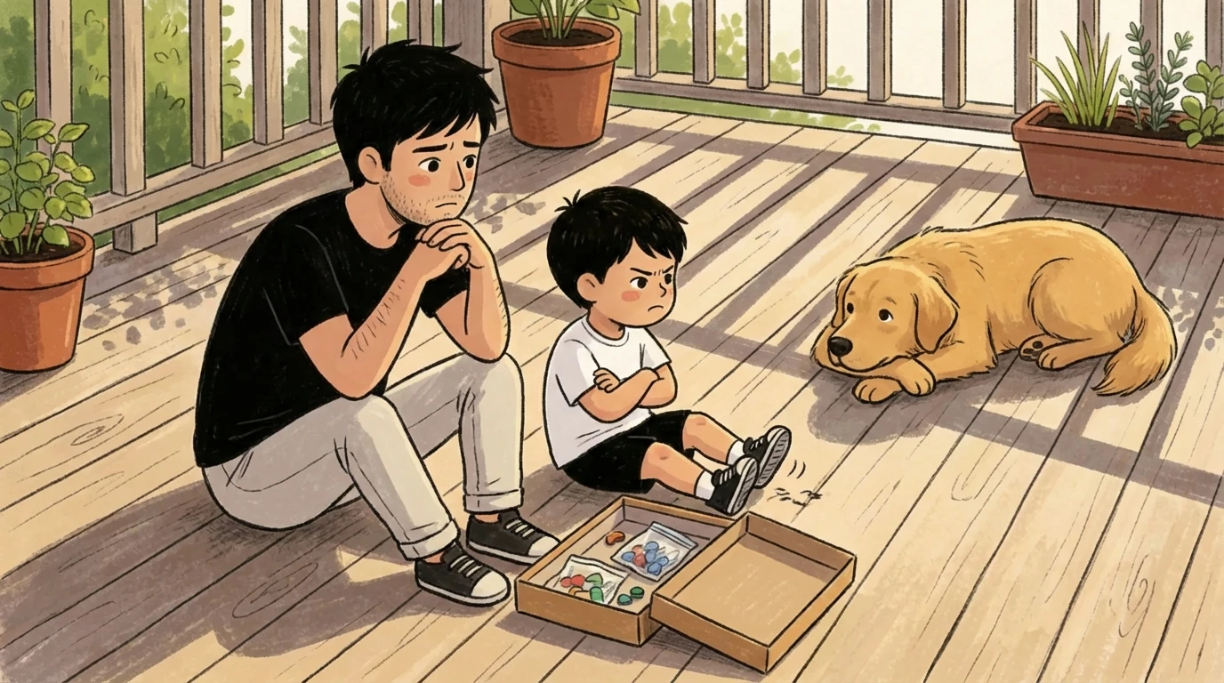 Adult sitting on porch beside a young child with a puppy nearby, stepparent building trust in a blended family