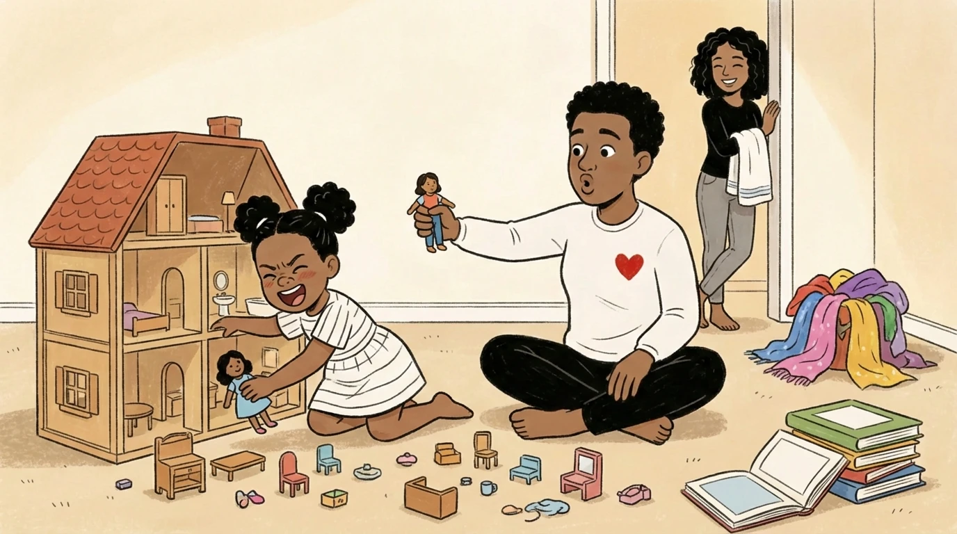 Adult sitting on floor playing dollhouse with a child while another adult watches warmly from the doorway