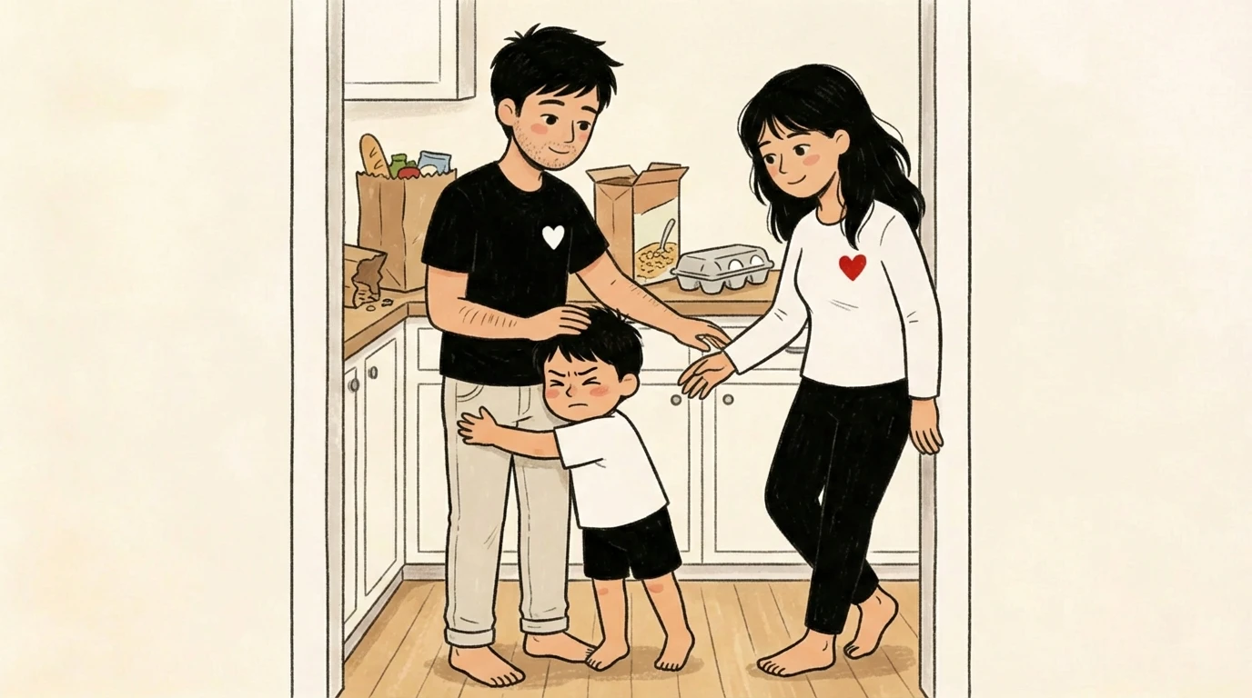 Child clinging to parent's leg in kitchen while stepparent reaches out gently, showing warmth over discipline