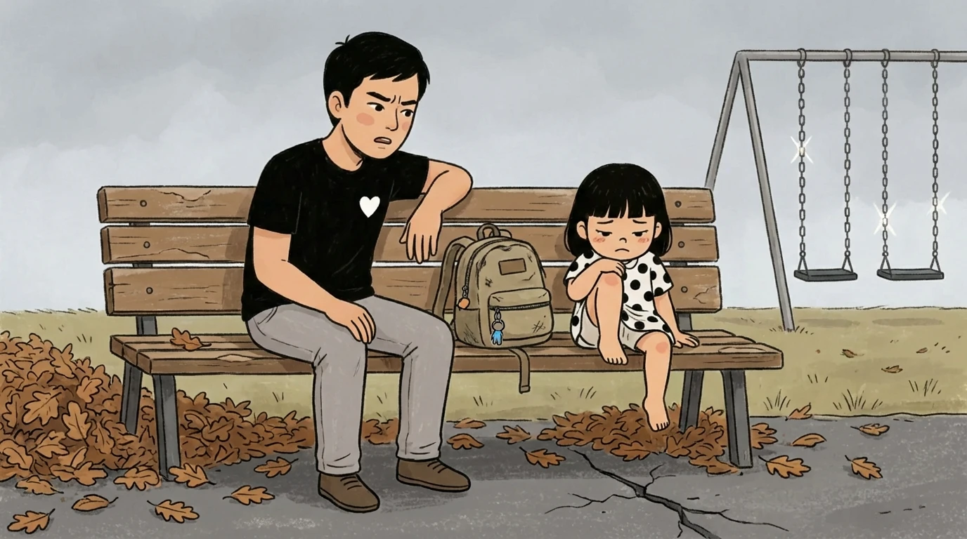 Adult and young child sitting apart on a park bench with a backpack between them and empty swings in background