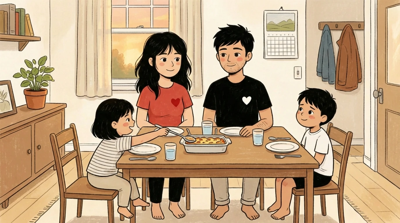 A blended family of two parents and three children sharing a meal together at a kitchen table.