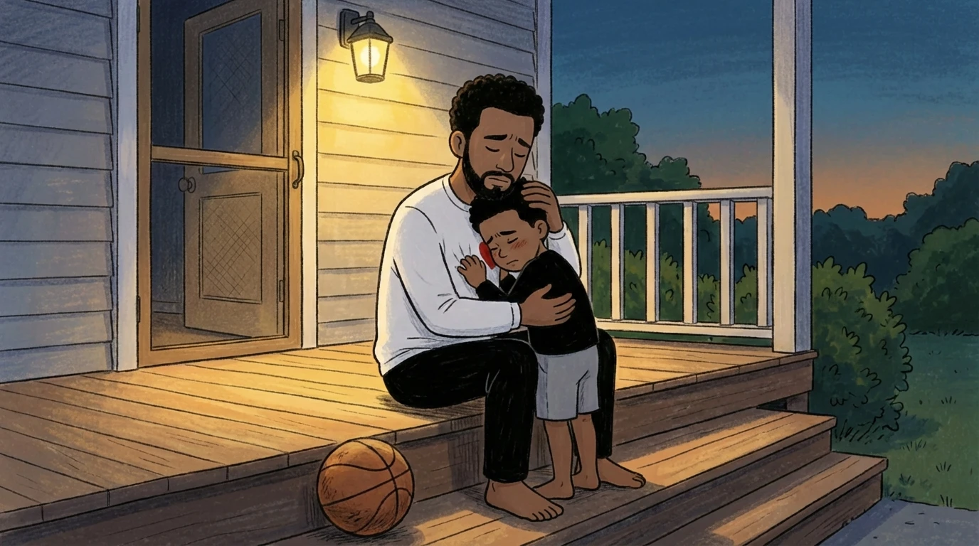 Father holding young child close on porch steps at dusk after trauma
