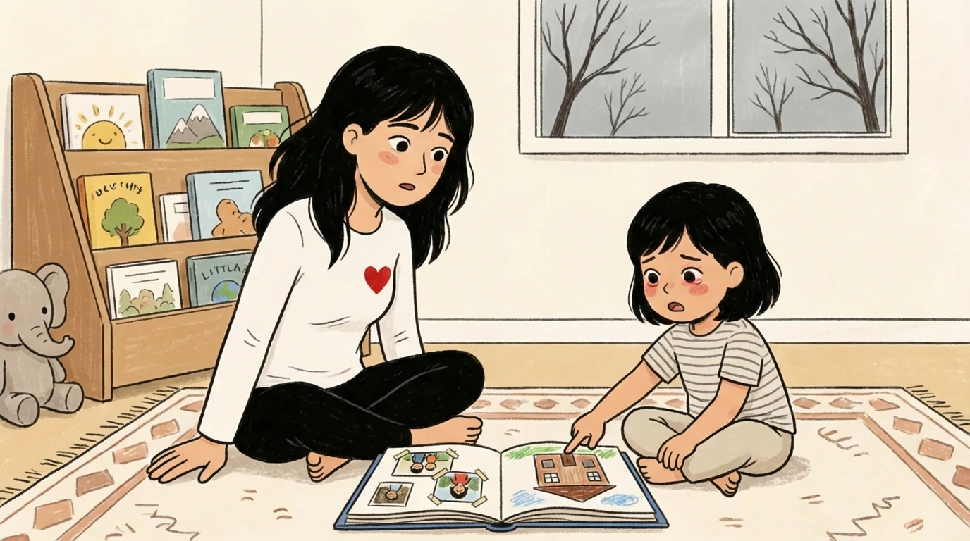 Adult sitting with child on floor looking through photo book together