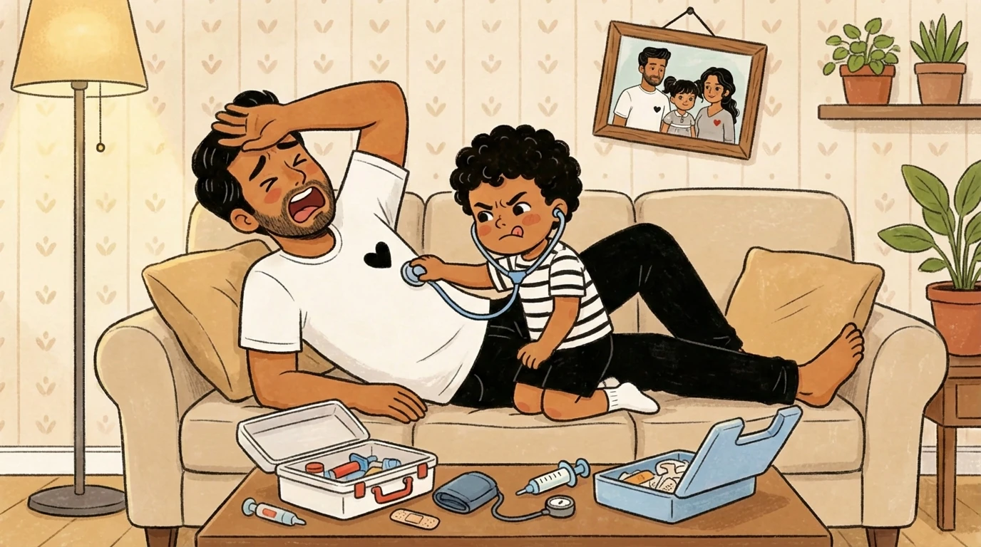 Child using toy stethoscope on adult during pretend doctor play at home