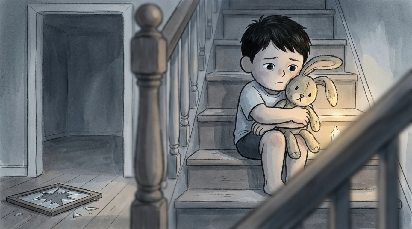 Child sitting on stairs clutching a stuffed rabbit in a dim hallway after witnessing a distressing scene.