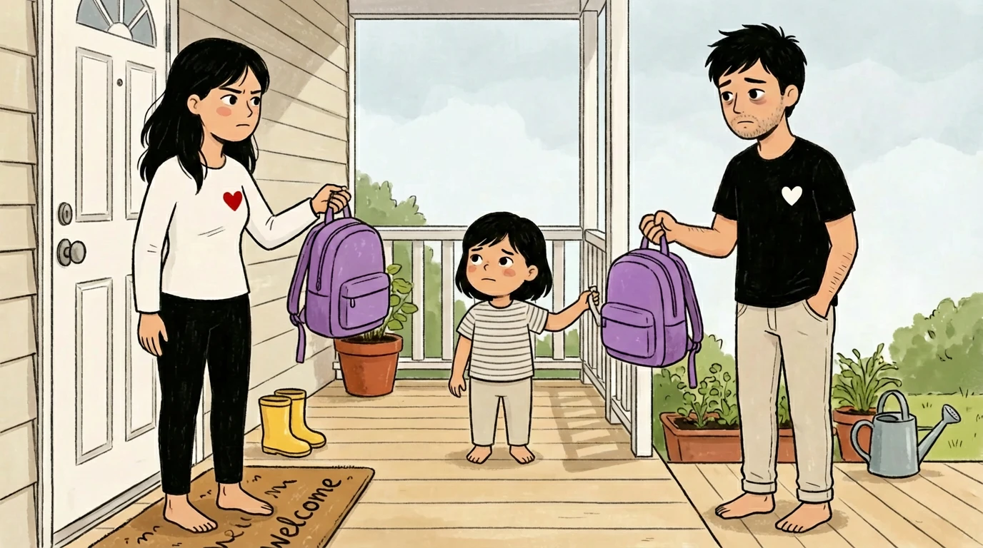 Child standing between two parents on a porch, each holding a backpack, preparing to move between homes