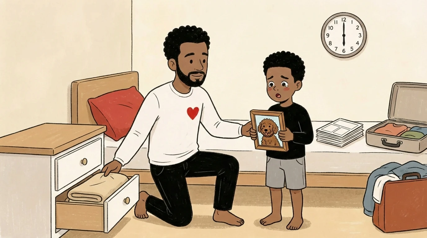 Father kneeling beside a child holding a framed dog photo, open suitcase nearby as they adjust to a new room