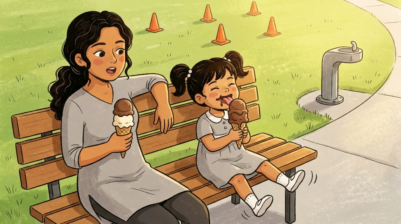 Adult and child sitting on a park bench sharing ice cream cones beside a walking path