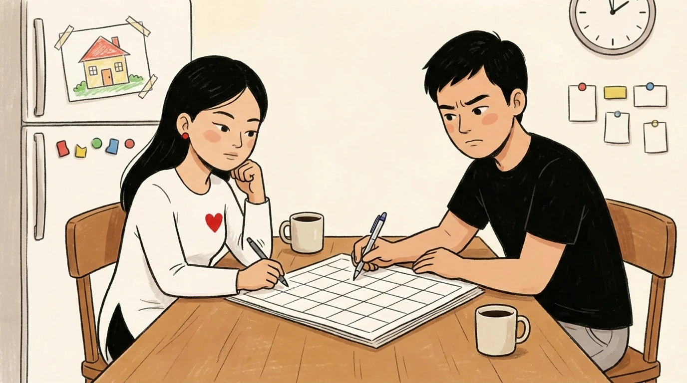 Two co-parents filling out a custody schedule at a kitchen table after divorce, child's house drawing on the fridge