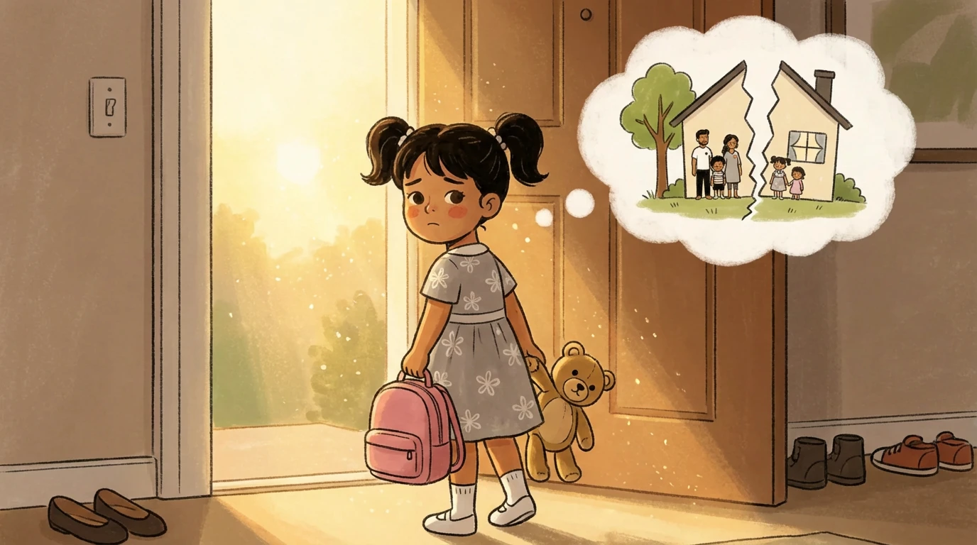 Child standing in a doorway holding a backpack and teddy bear, imagining a family split between two homes after divorce.