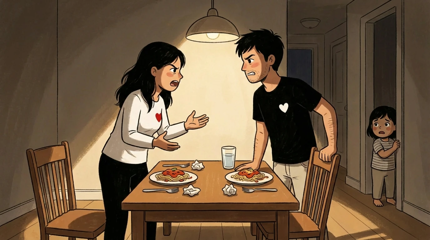 Couple fighting at the dinner table while a child watches from the front doorway