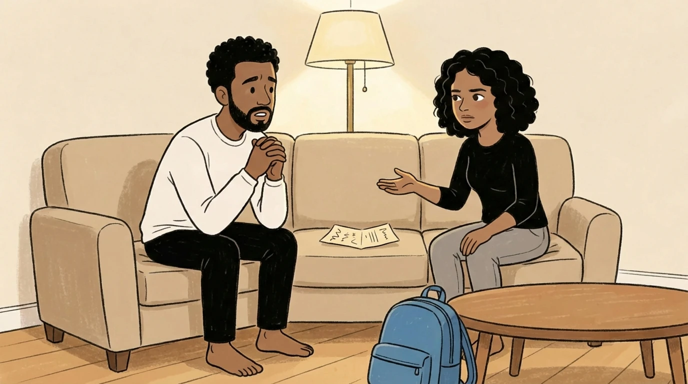 Two adults seated on a sofa having a quiet conversation with an open book between them