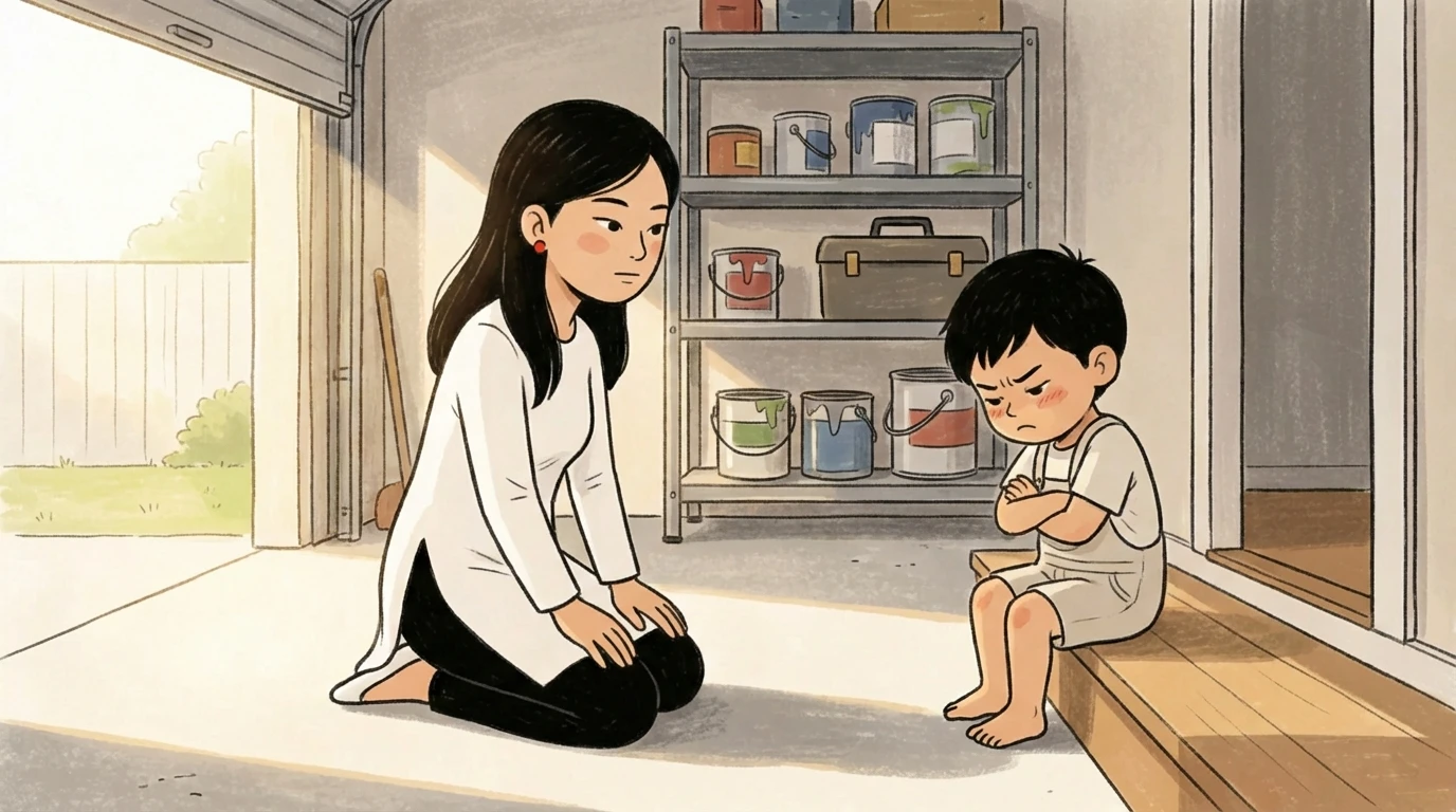 Mother kneeling in the garage to do damage control with a toddler sitting on a step with arms crossed