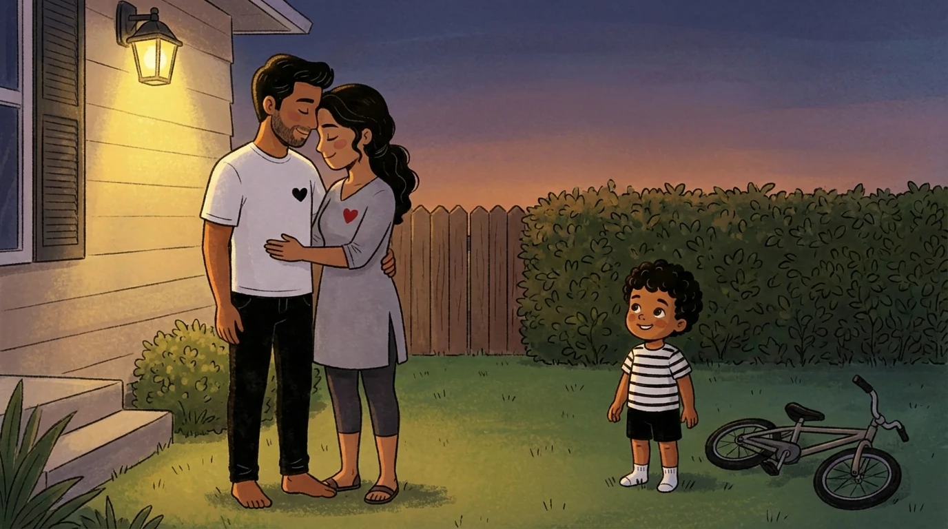 Couple embracing in the backyard at dusk near porch light while a child stands nearby with a bicycle