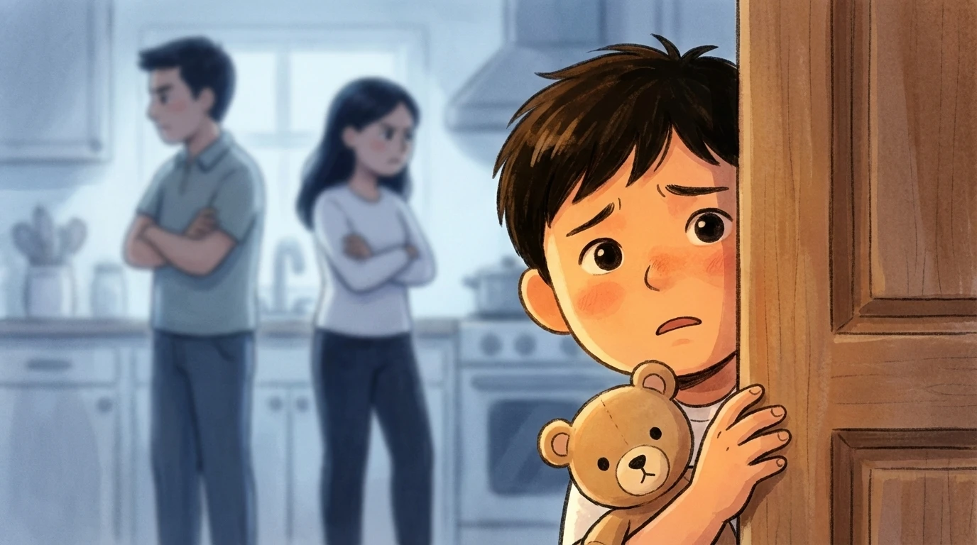 Child holding a teddy bear peeks from behind a door while parents stand with arms crossed in the kitchen fighting.