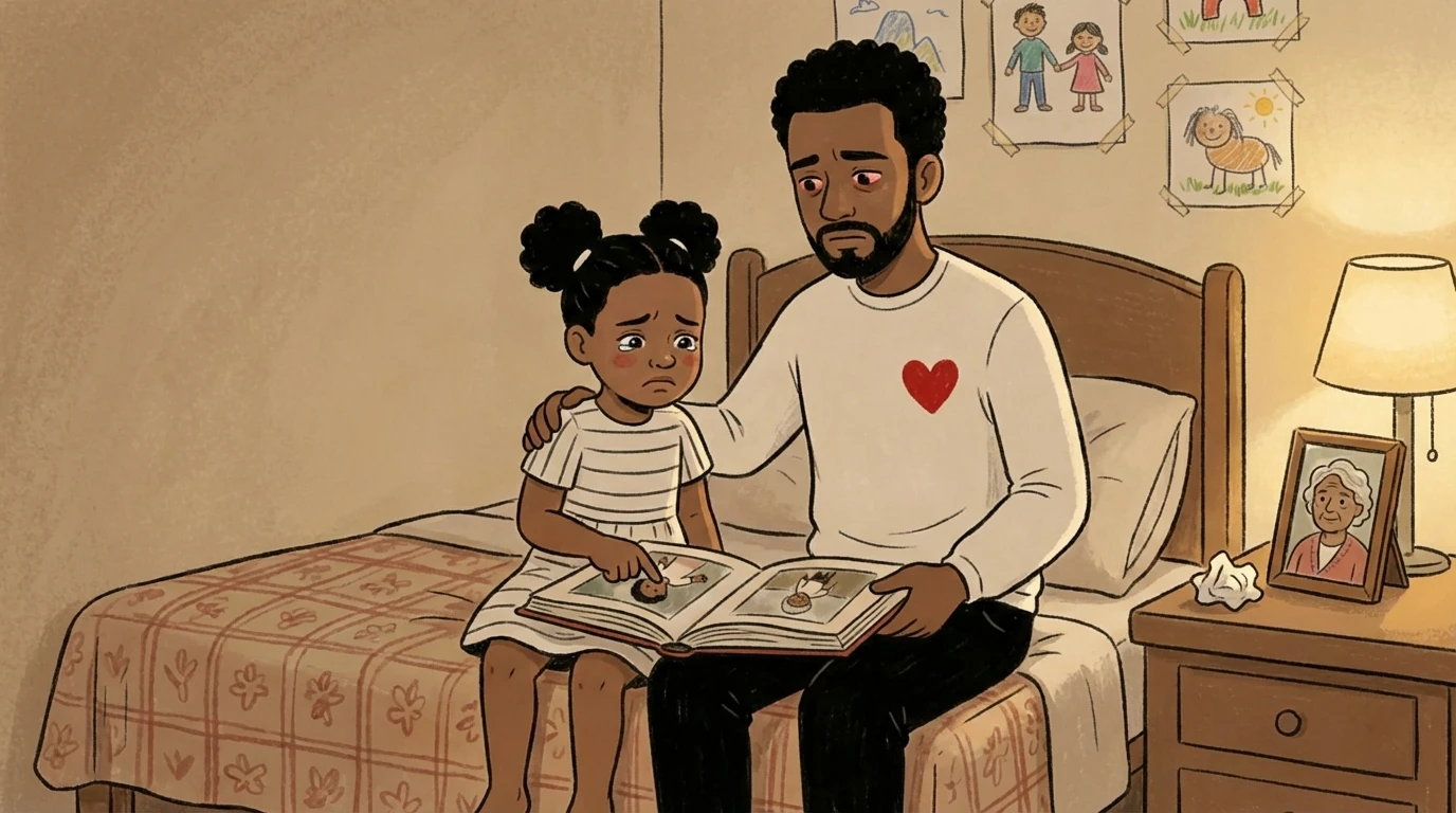 Father sits with his daughter on a bed looking through a photo album, supporting her through grief