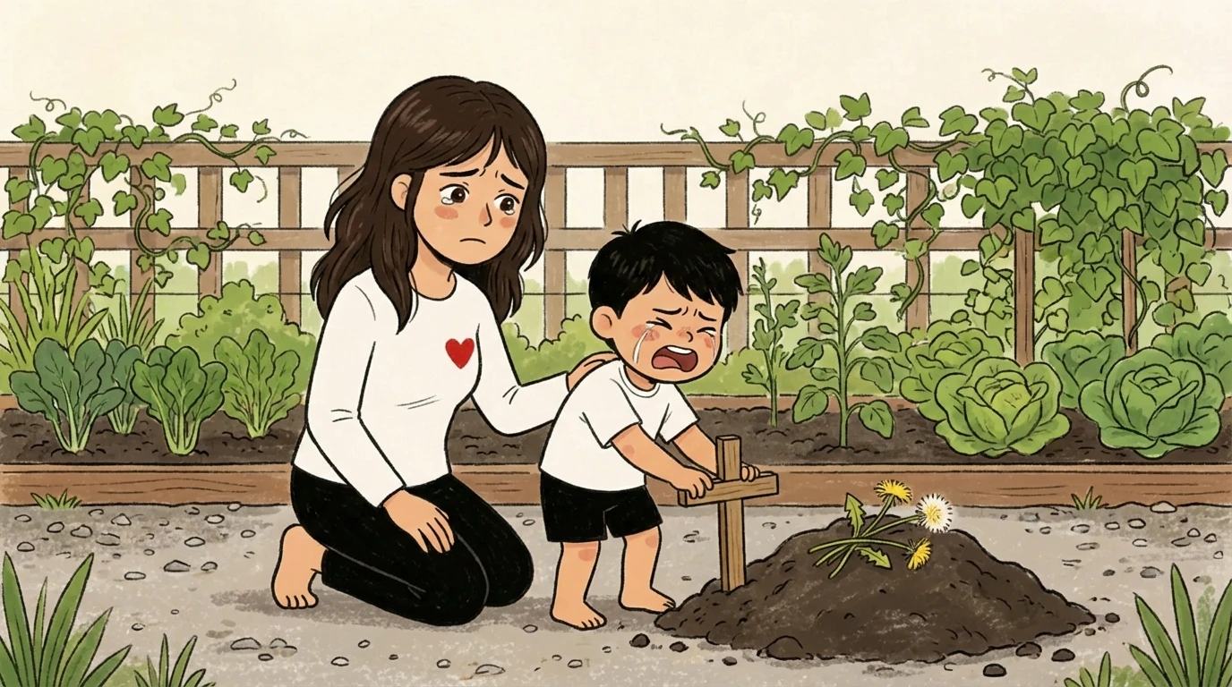 Mother kneels beside a crying child at a small cross marker in a garden after the loss of a pet