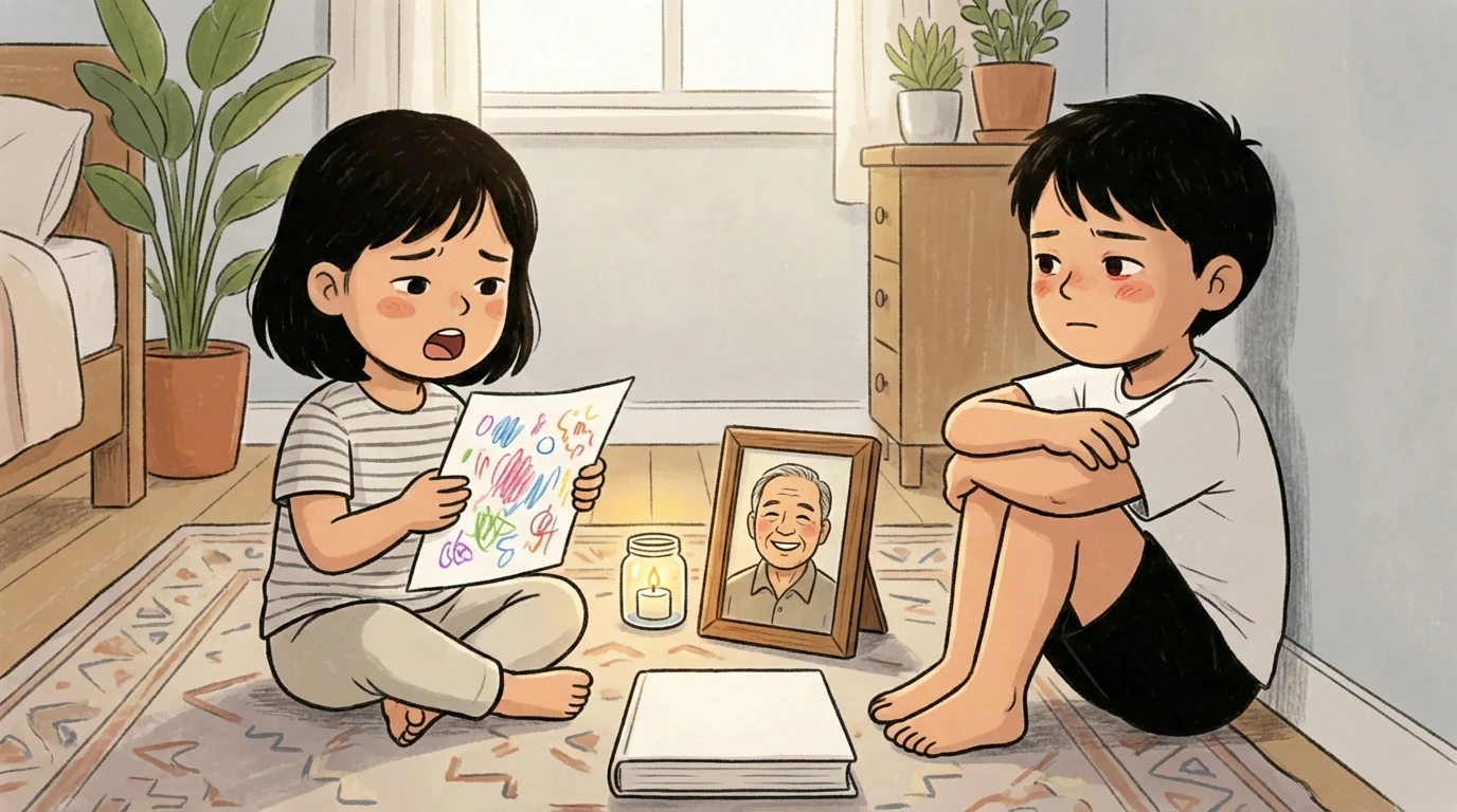 Two children sit on the floor near a framed photo and candle, one holding a colorful drawing as a memorial