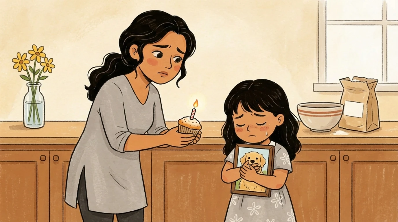 Mother offers a cupcake with a candle to a child hugging a framed photo of her dog in a kitchen