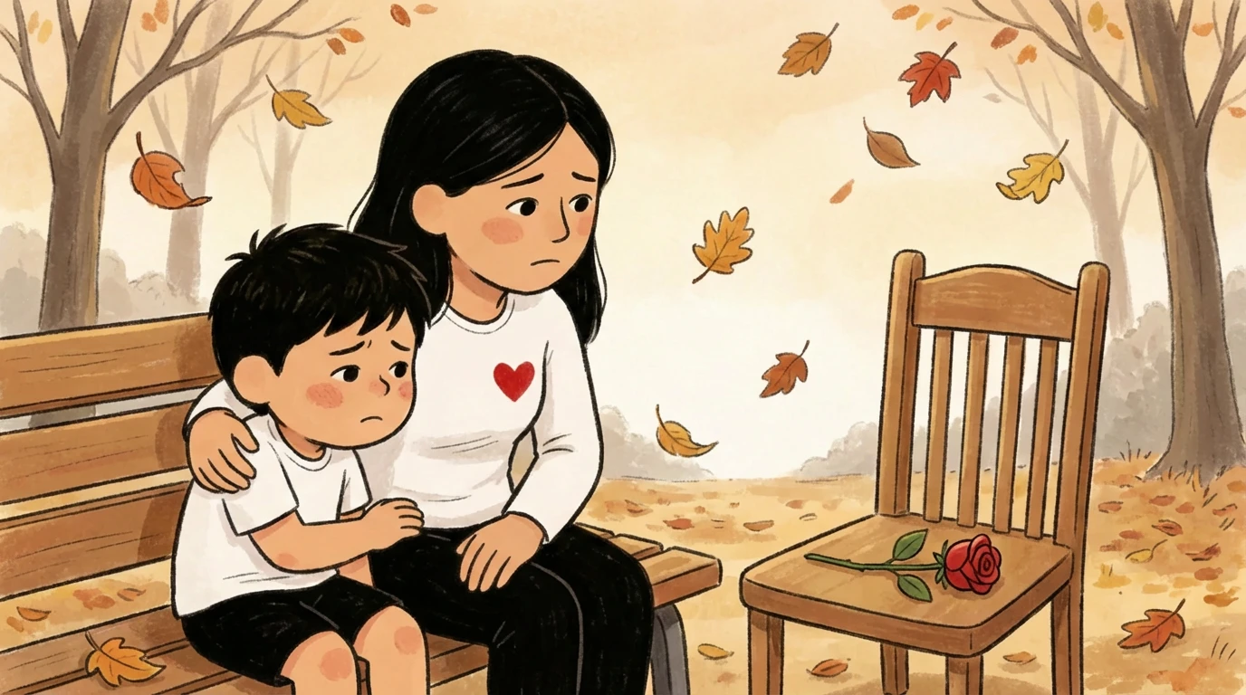 Parent holding a child on a park bench beside an empty chair with a rose as autumn leaves fall, evoking grief and loss.