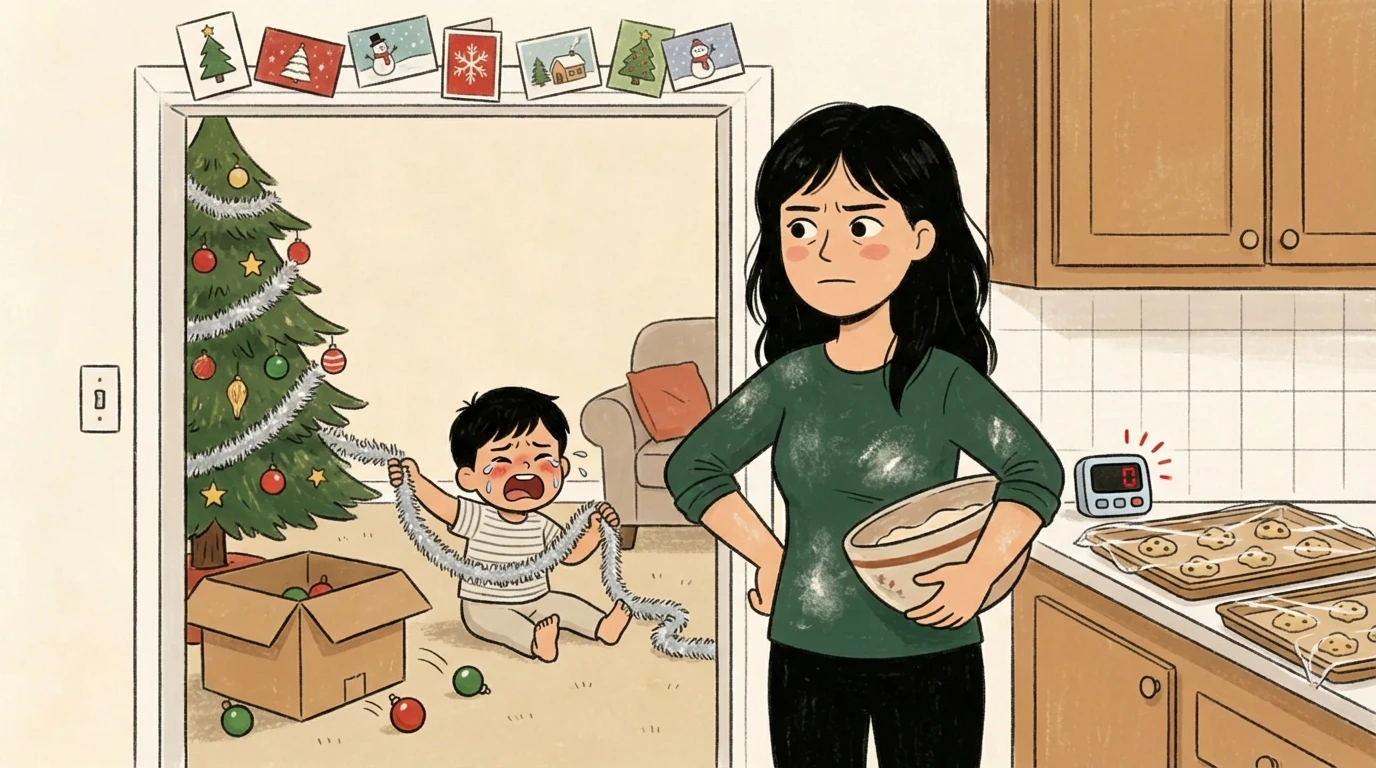Illustrated mother in kitchen holding a bowl while toddler cries beside a decorated tree - holiday stress at its peak