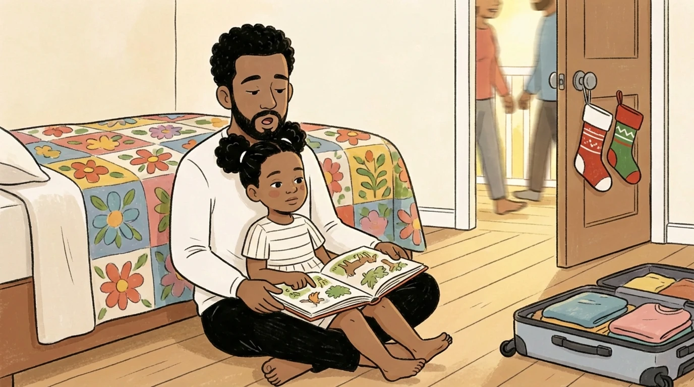 Father reading a picture book with a young child on the floor while holiday stockings hang on a door behind them