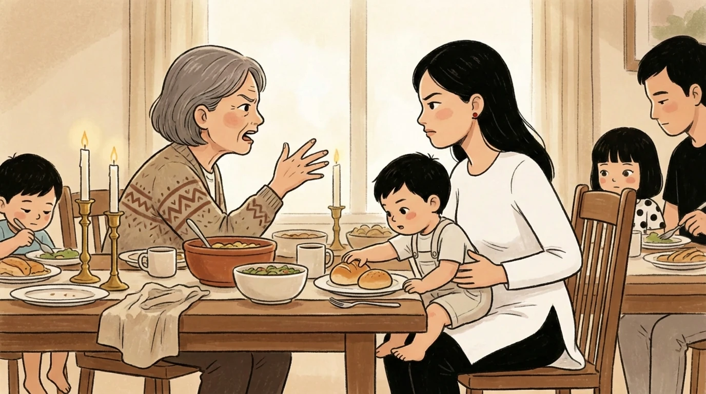 Older woman speaking loudly across a dinner table to a younger parent managing a toddler at a holiday family gathering