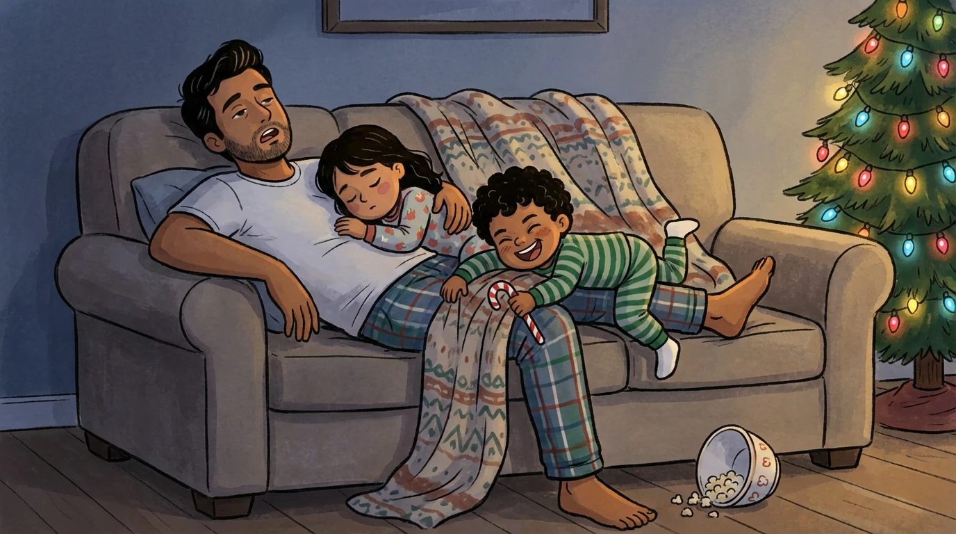 Father on a couch with two children under blankets, eyes closed, glowing Christmas tree lights filling the quiet room