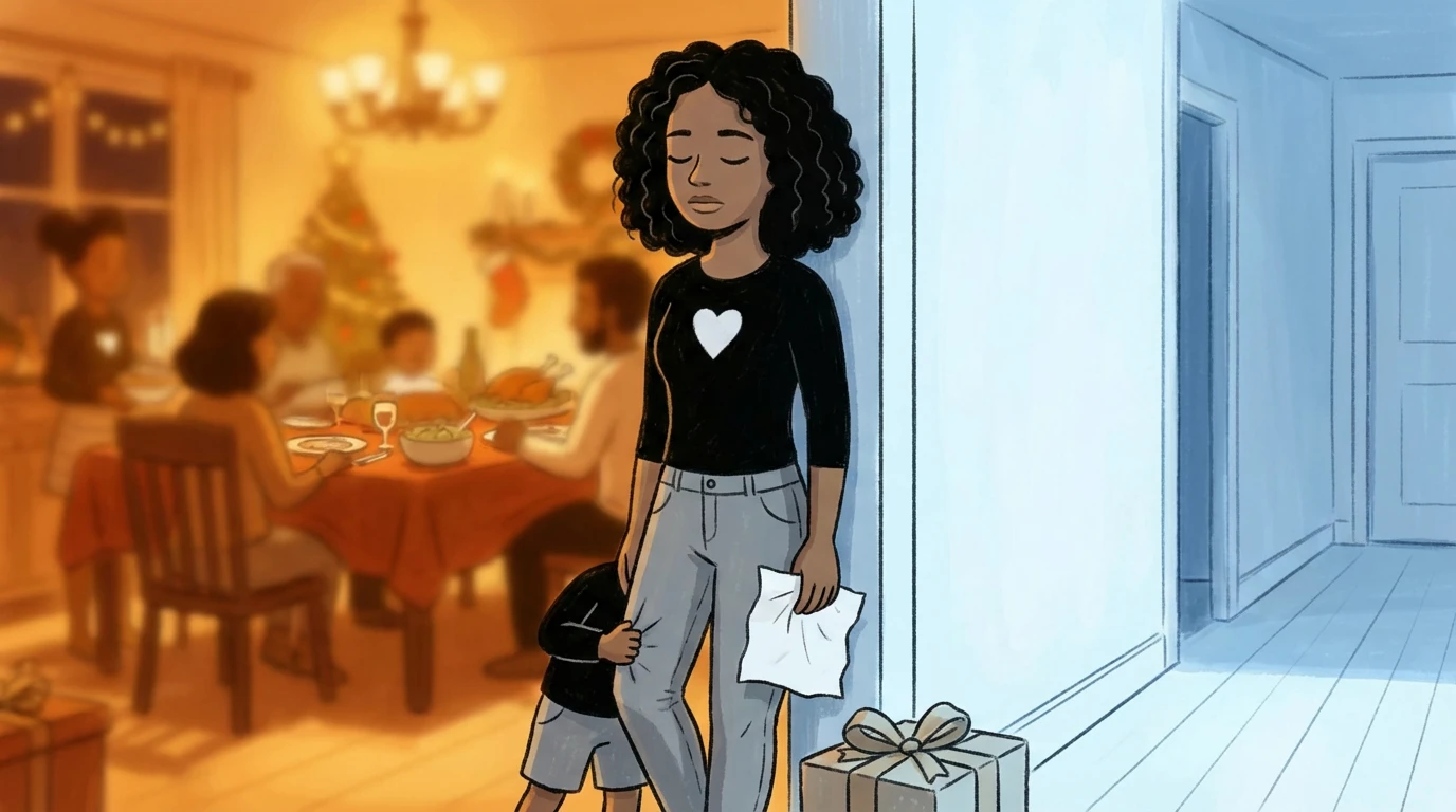Mother leaning against a doorway with eyes closed while holiday dinner gathering continues at the table behind her.