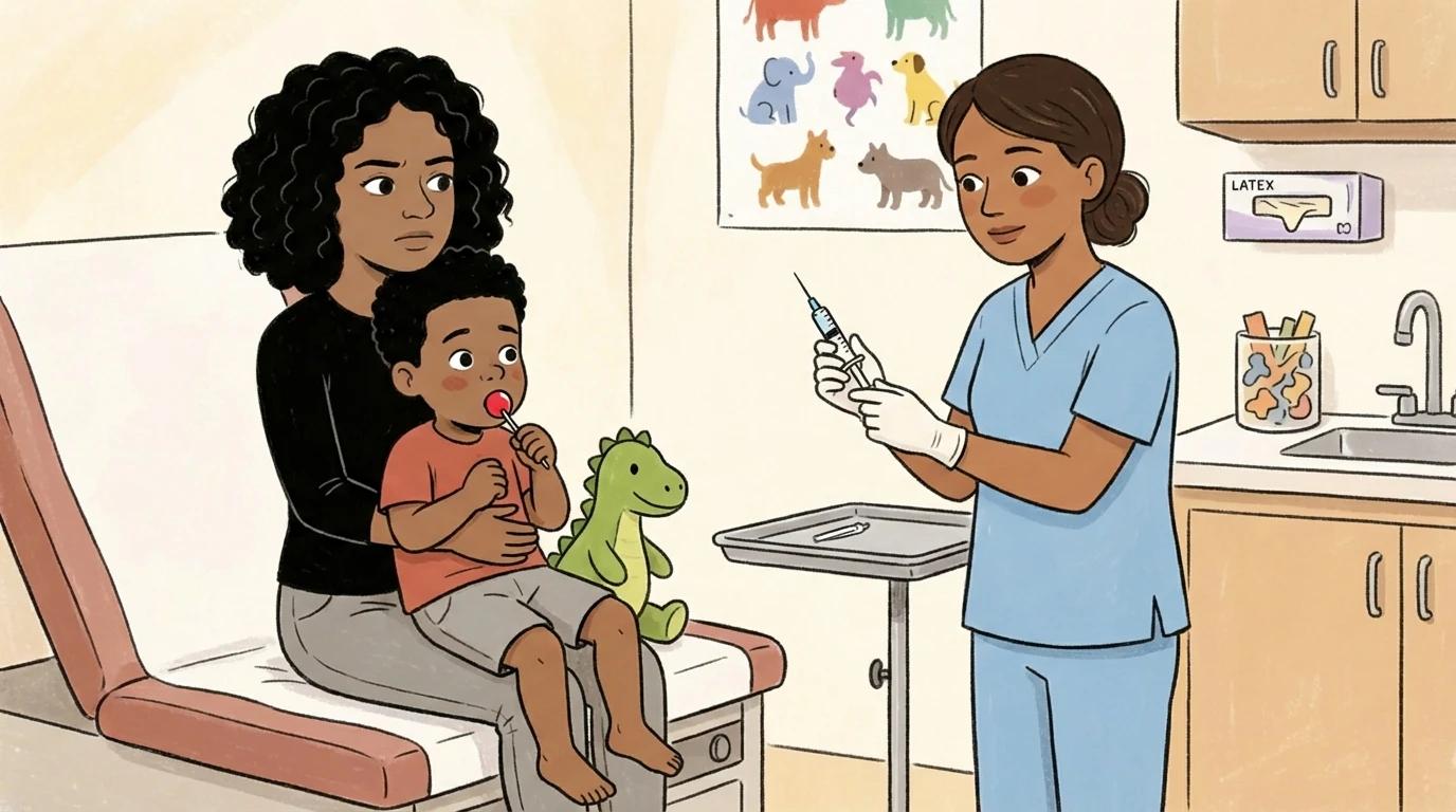 Toddler with stuffed dinosaur on parent's lap during a medical procedure as a nurse in scrubs holds a syringe
