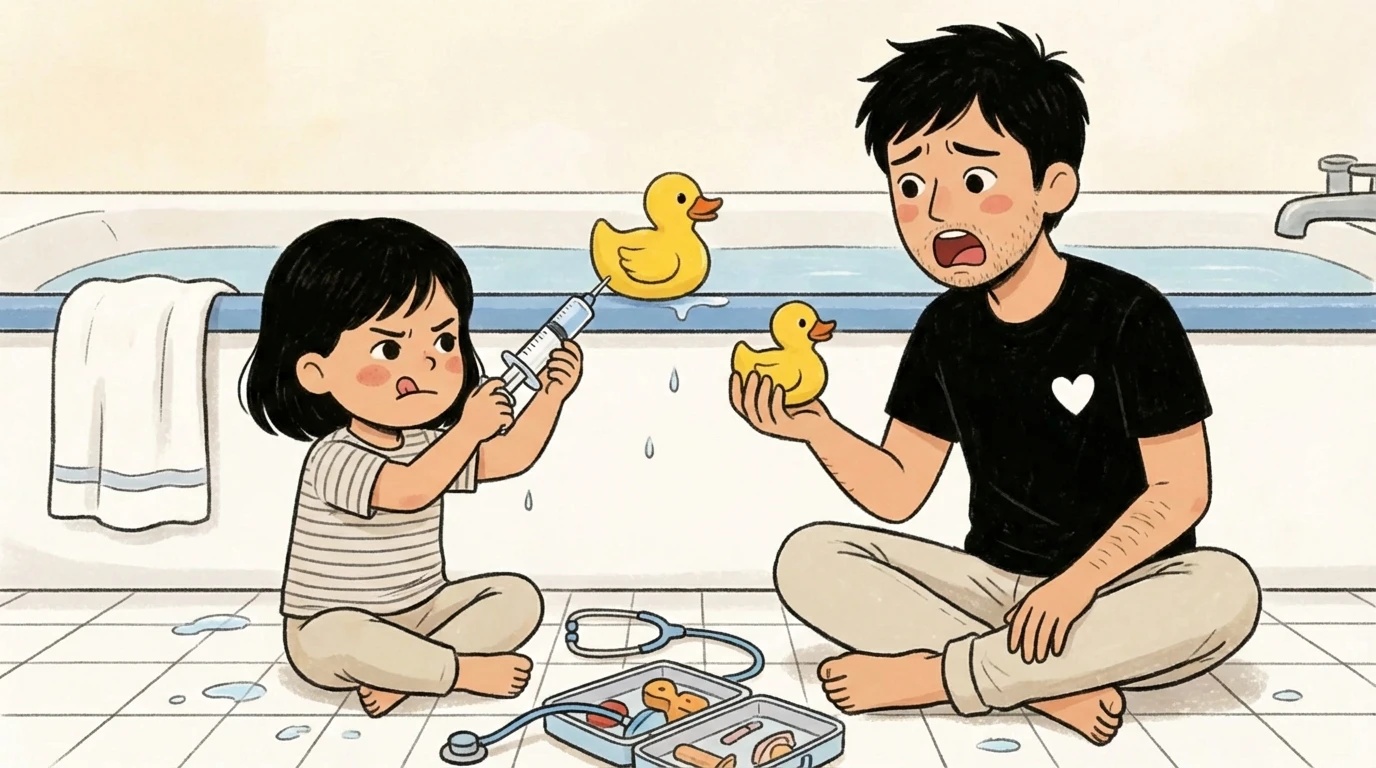 Child role-playing medical procedures at home with a toy syringe and rubber ducks while a parent watches nearby