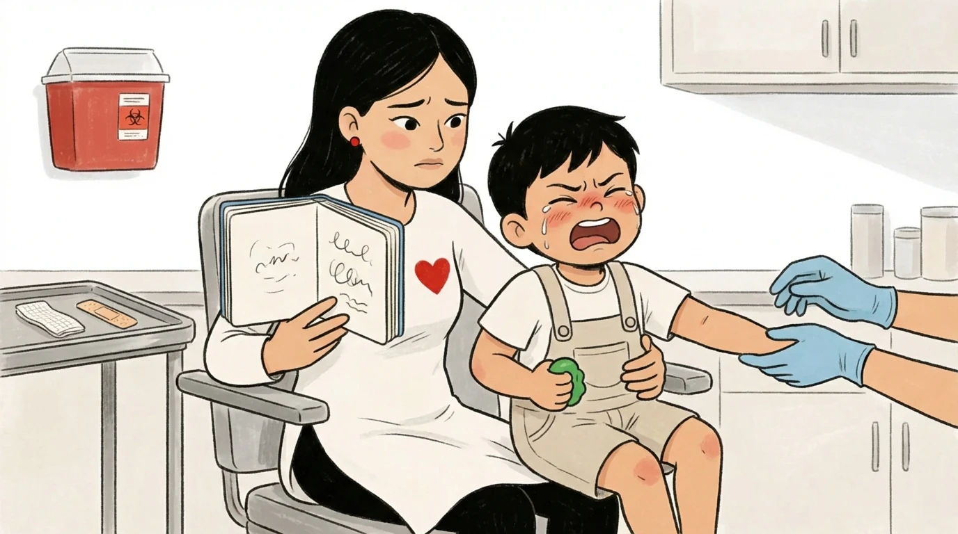 Parent reads a book to a crying toddler in a clinic chair as gloved hands reach toward the child's arm for a procedure