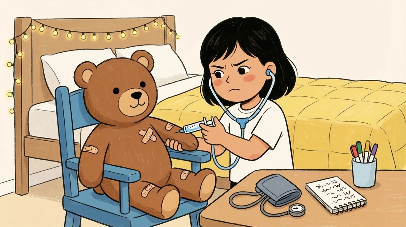 Young child uses a stethoscope on a bandaged teddy bear at home to practice preparing for a hospital stay