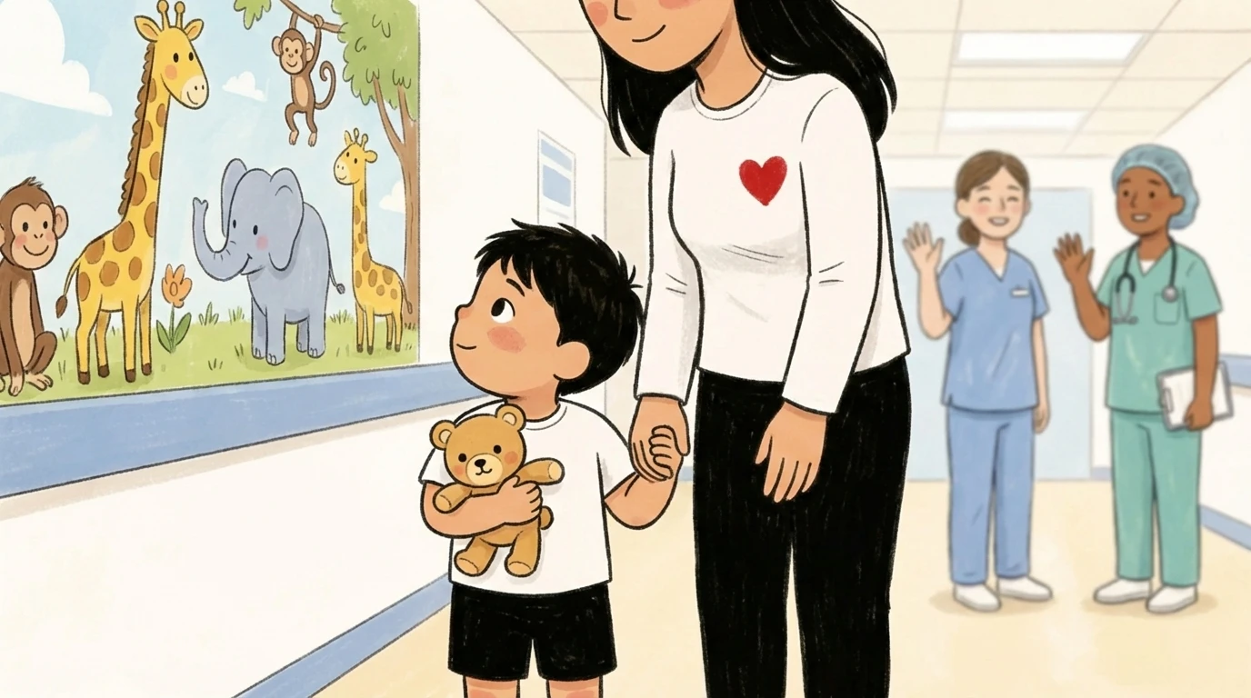 Parent holding a childs hand in a hospital hallway as medical staff wave, preparing the child for a procedure.
