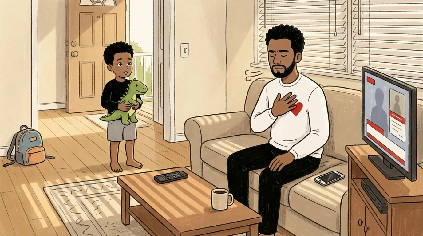 Father on couch hand to chest watches distressing TV news while child with toy dinosaur stands nearby