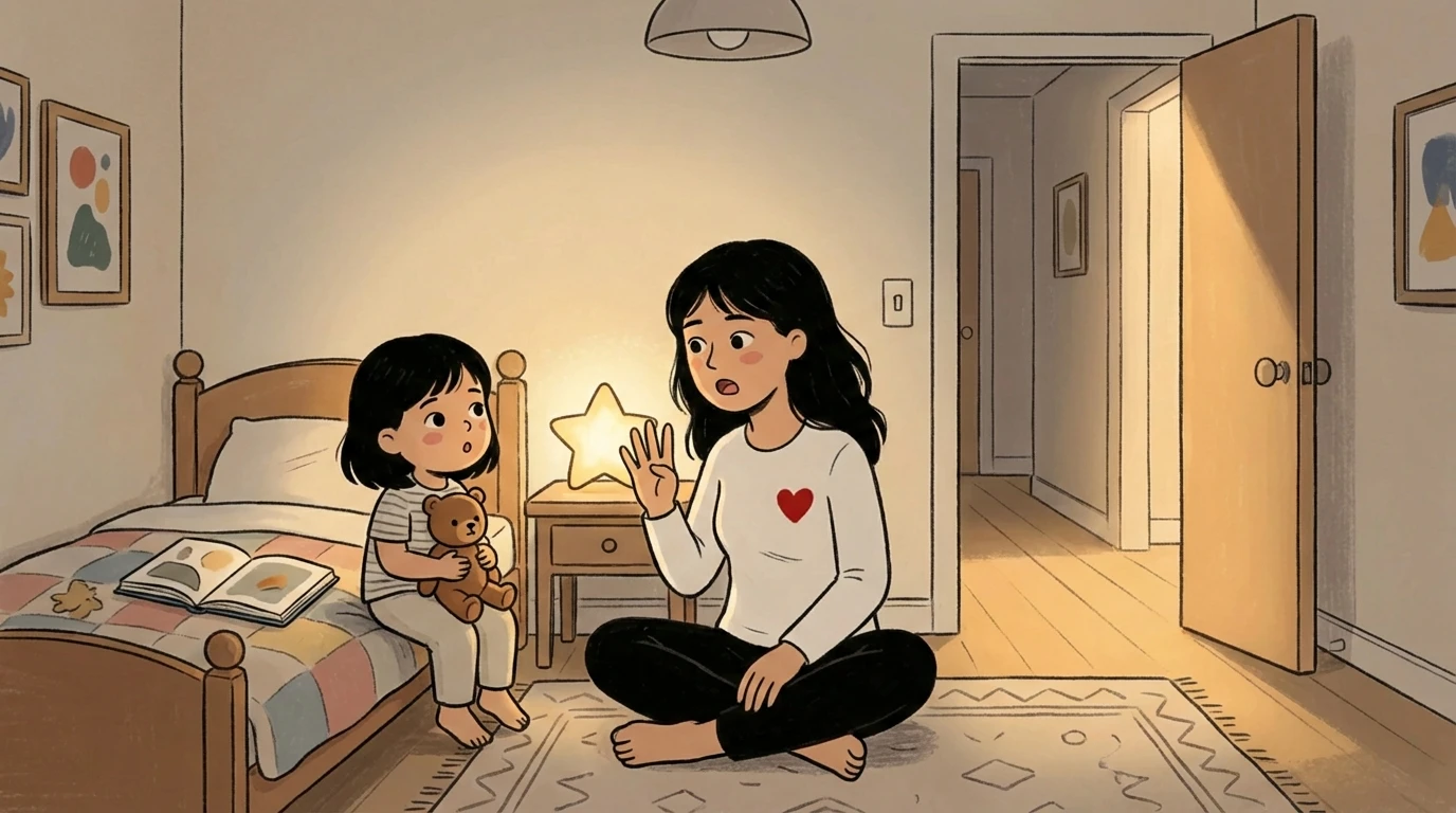 Mother sits on floor providing reassurance to child on bed clutching teddy bear star nightlight glowing