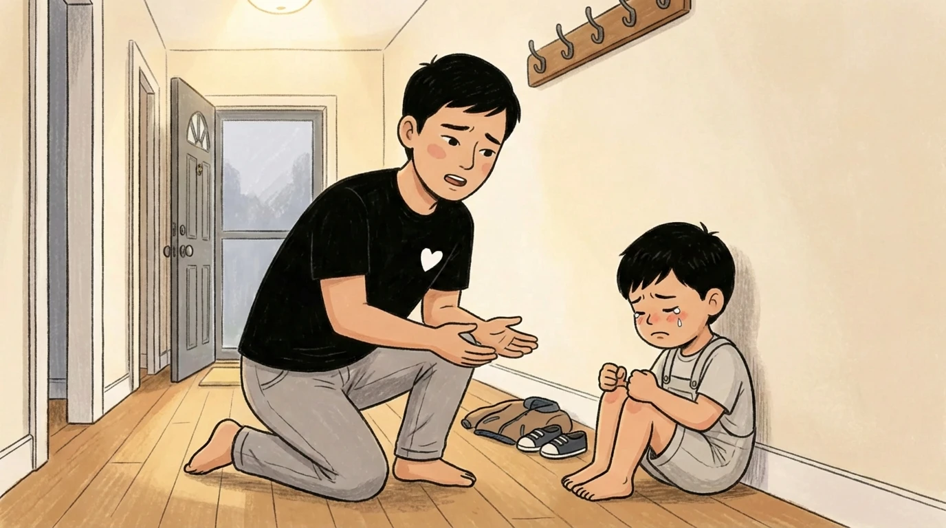 Father kneels to offer stability and comfort to tearful child sitting against hallway wall near front door