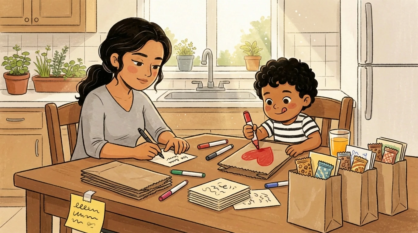 Mother and child draw cards together at a sunny kitchen table with crayons, restoring calm after things go wrong