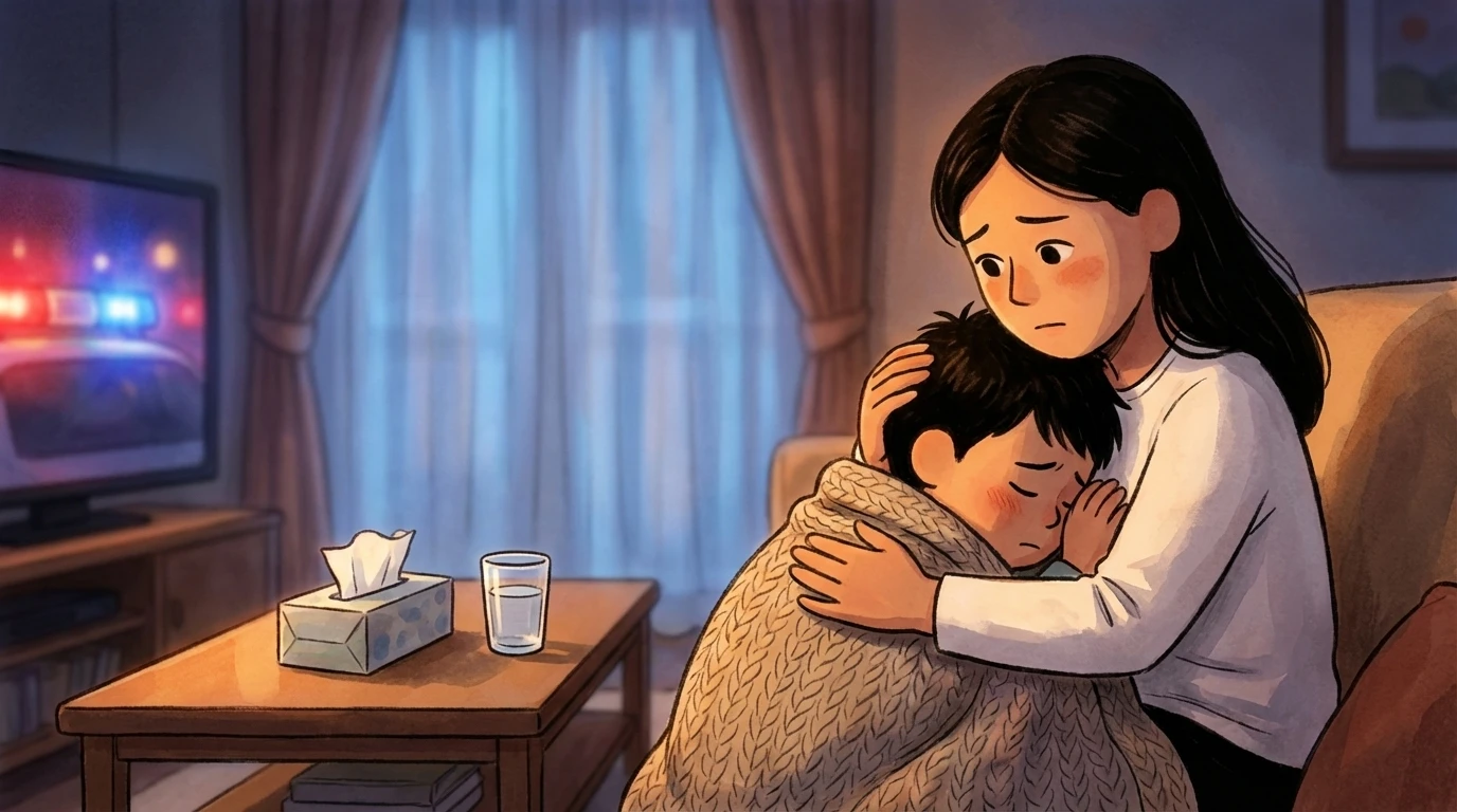 Mother holding child close on a couch wrapped in a blanket while scary news plays on the television nearby.